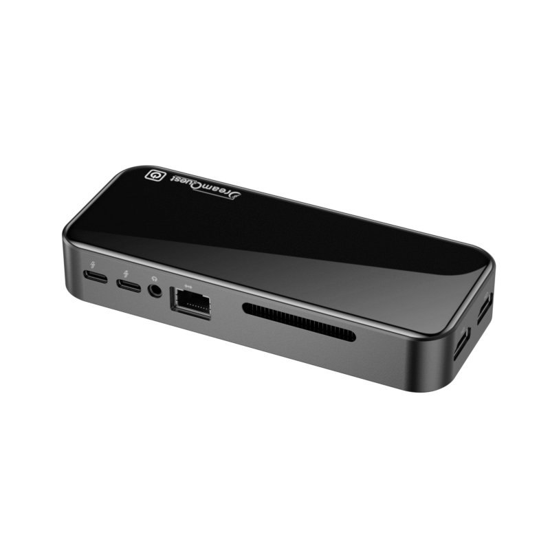 DreamQuest Mini docking station with multiple ports and sleek black design