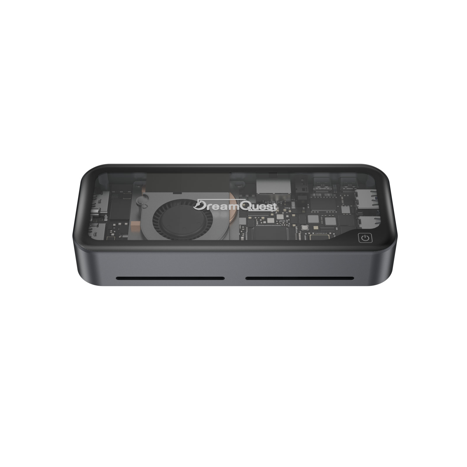 DreamQuest Mini Plus compact black electronic device with transparent top showing internal components and power button