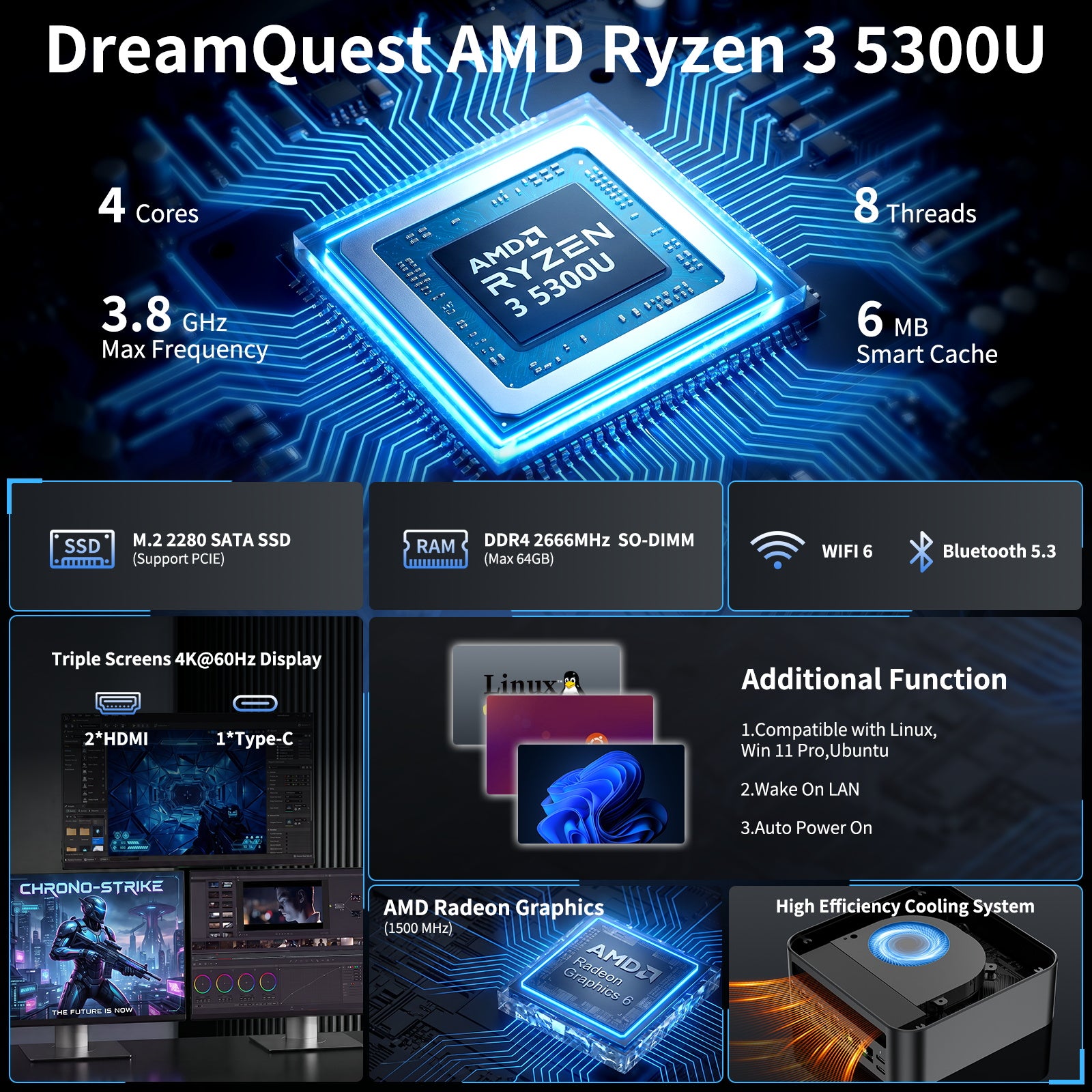 DreamQuest Pro black mini PC front power button and DreamQuest logo