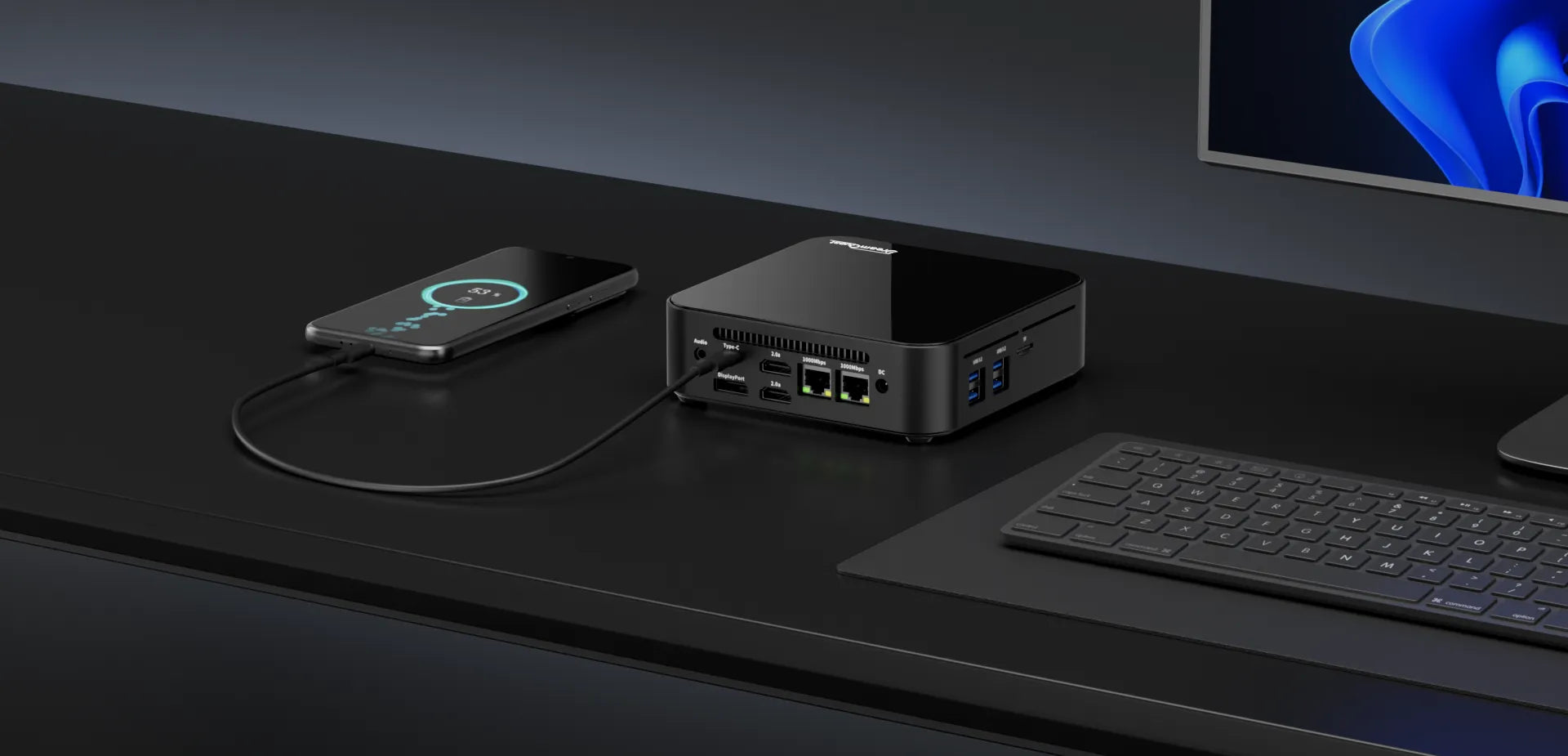 DreamQuest Pro Plus N100 Mini PC side view, compact design fits into any desk space